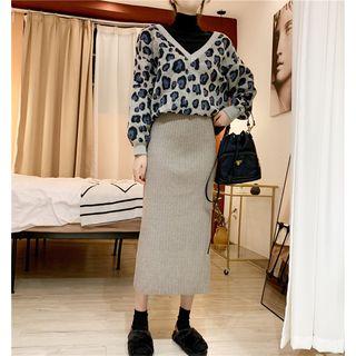 Mock Neck Leopard Sweatshirt / Knit Midi Skirt