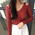 Off-shoulder Slim-fit V-neck Long-sleeve Knit Top