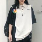 Short-sleeve Embroidery Panel Polo Shirt As Shown In Figure - One Size