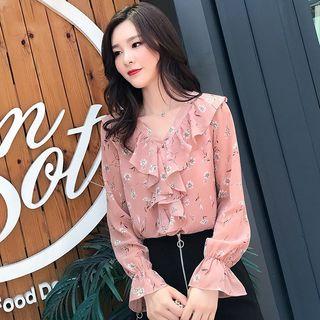 Floral Print Frill-trim Chiffon Shirt
