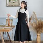 Plain Sleeveless Dress / Set: Mock Neck Knit Top + Sleeveless Dress