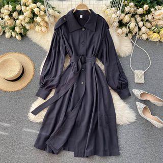 Long-sleeve Belted Midi A-line Shirtdress