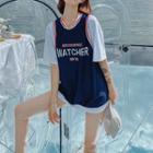 Set: Contrast Trim Tankini + Short-sleeve Lettering T-shirt
