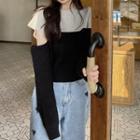 Two-tone Cold-shoulder Knit Top Light Gray & Black - One Size