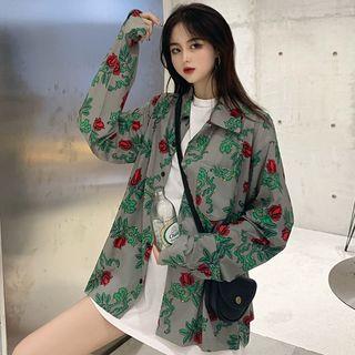 Rose Print Shirt Green - One Size