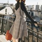 Set: Long-sleeve Top + Spaghetti-strap Plaid Dress