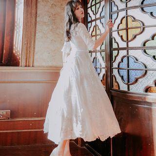 Fringed Trim Elbow-sleeve Midi A-line Dress