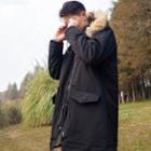 Faux-fur Trim Hood Fleece-lined Long Jacket
