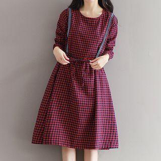 Long Sleeve Patterned Trim Midi Plaid Dress