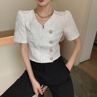 Short-sleeve Button Accent Cropped Top White - One Size
