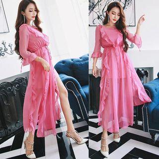 3/4-sleeve Ruffle Midi Dress