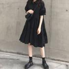 Plain Short-sleeve Shirt Dress Black - One Size