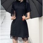 Mandarin Collar Short-sleeve Lace Trim Mini A-line Dress