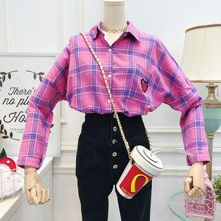 Heart-embroidered Plaid Shirt