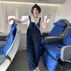Puff-sleeve Blouse / Wide Leg Denim Dungaree