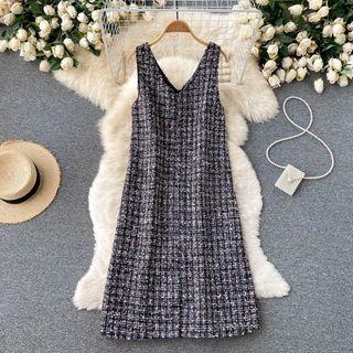 V-neck Retro Tweed Tank Top Dress Gray - One Size