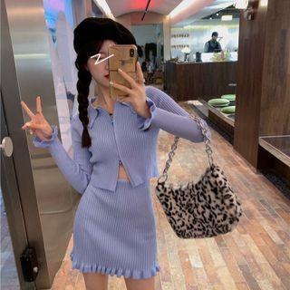 Collared Zipped Cardigan / Ruffle Hem Knit Mini Pencil Skirt