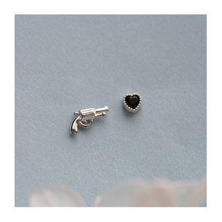 Asymmetrical Heart Stud Earring 1 Pair - Silver & Black - One Size