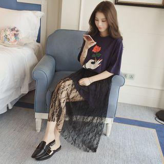 Rose Print Elbow-sleeve T-shirt Dress / Midi Lace Skirt / Set