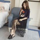 Rose Print Elbow-sleeve T-shirt Dress / Midi Lace Skirt / Set