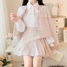 Tweed Button Jacket / Pleated A-line Skirt / Blouse / Set