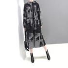 Printed Long-sleeve Drawstring Midi Shift Dress Black - One Size