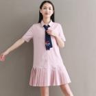 Cat Embroidered Tie Neck Short Sleeve Collared Dress