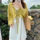 Long-sleeve Ruffle Trim Cardigan / Dotted Strappy Dress