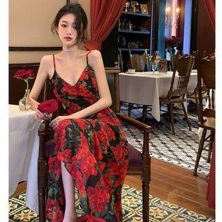 Sleeveless Deep V-neck Printed Maxi Dress Floral - One Size