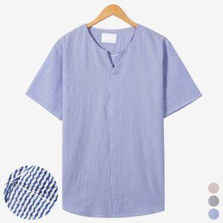 V-neck Collarless Striped Shirt