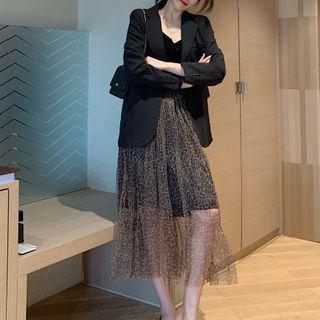 Camisole Top / Plain Blazer / Leopard Print Midi A-line Mesh Skirt