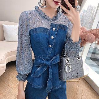 Set: Mock Two-piece Blouse + Wide-leg Jeans