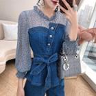 Set: Mock Two-piece Blouse + Wide-leg Jeans