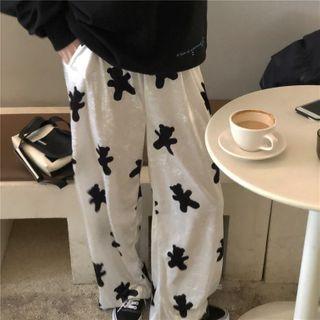 Bear Print Wide Leg Pants Black Bear - White - One Size