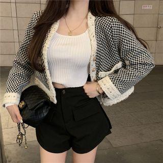 Contrast Trim Plaid Cropped Jacket / High-waist Pocket-detail Shorts