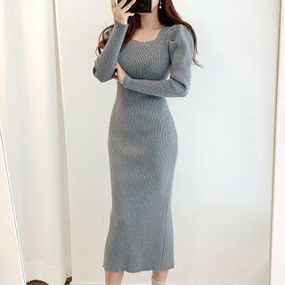 Long-sleeve Square-neck Knit Midi Sheath Dress