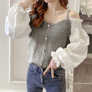 Cold-shoulder Plaid Panel Top