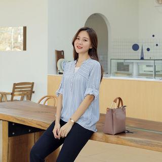 Tab-sleeve Striped Layered Blouse