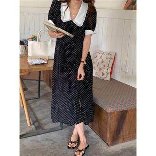 Short-sleeve Collar Dotted Midi A-line Dress