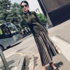Set: Plain Long Sleeve Knit Top + Pleated Midi Skirt