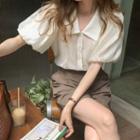 Bubble Sleeve Pleated Blouse / Plain A-line Shorts