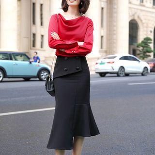 Long-sleeve Satin Top / Midi Mermaid Skirt / Set