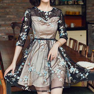 Flower Embroidered Mesh Panel 3/4 Sleeve Dress