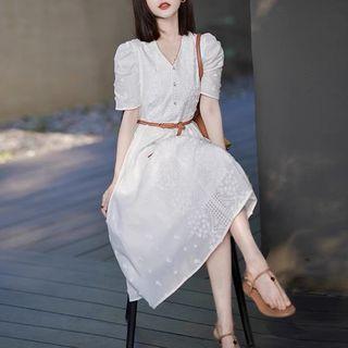 Set: Short-sleeve Eyelet Lace Midi A-line Dress + Belt