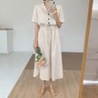 Drawstring-waist Linen Blend Dress Beige - One Size