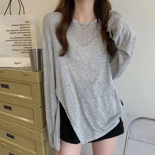 Long-sleeve Side-split Plain T-shirt