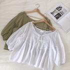 Plain Drawcord V-neck Elbow-sleeve Blouse