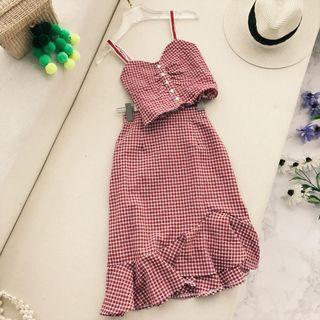 Set: Spaghetti-strap Plaid Crop Top + A-line Skirt
