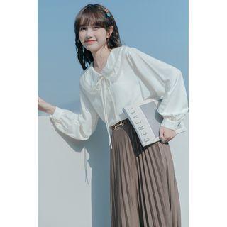 Puff-sleeve Mesh Ruffle Blouse Almond - One Size