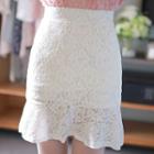 Ruffle-hem Lace-overlay Mini Skirt